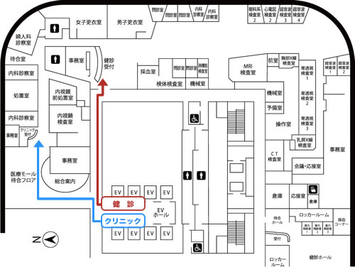 フェスティバルタワー地下1階から「フェスティバルタワー健診センター」までの順路